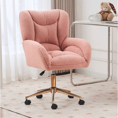 Chaise de bureau pivotante réglable en tissu Teddy rose avec base dorée, 64 cm (1/5)