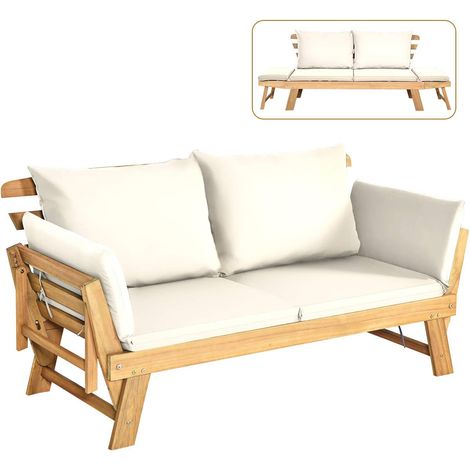 COSTWAY Liegesofa mit klappbaren Seitenlehnen, Sonnenliege Akazienholz mit Auflage, Gartenbank für Garten Terrasse Innenbereich Weiß (1/5)