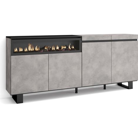 Skraut Home – Buffet de rangement 200x87x35cm – 4 portes – Cheminée électrique à LED – Design industriel gris ciment – Module avec étagère intérieure (1/5)