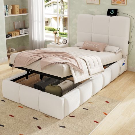 Lit coffre rembourré pour enfant 90x200 cm - Avec tête de lit rembourrée - Avec port USB - Tissu bouclé - Beige (sans matelas)