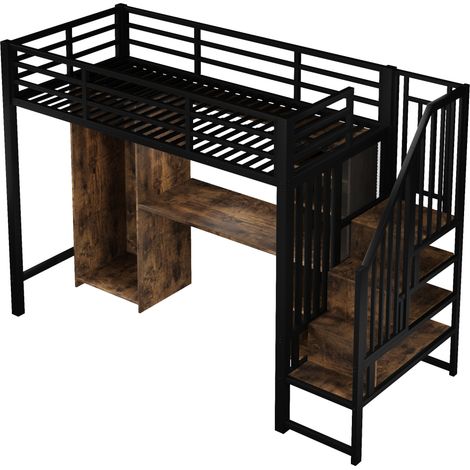 Cama alta 90 x 200 cm de metal y MDF negra con escritorio, armario y almacenaje (1/5)