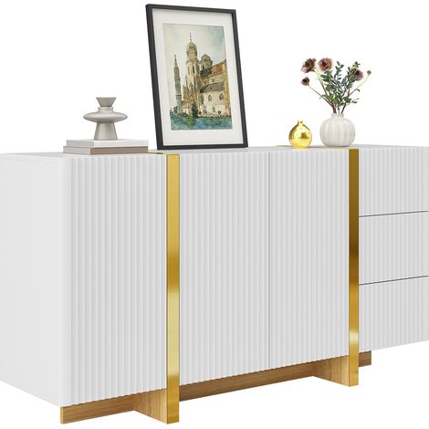 Buffet avec 3 Portes, 3 Tiroirs et 2 Compartiments, Charnières Amorties, en MDF, Blanc, 140 x 36 x 75 cm (1/5)
