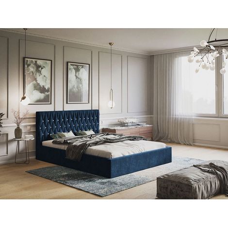 Lit rembourré avec rangement 160x200 velours bleu Benny (1/5)