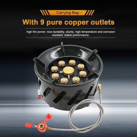 Réchaud de camping à 9 cœurs 19 800 W, brûleur à gaz haute puissance, coupe-vent avec valve réglable pour la cuisine en plein air, pique-nique, randonnée (1/5)
