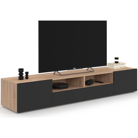 Meuble TV 180 cm ELI bois façon hêtre portes noires (1/5)