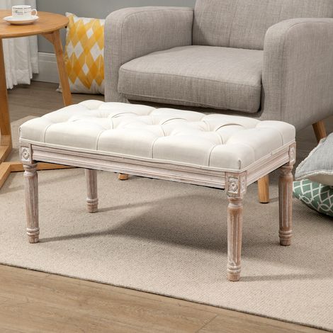 Panca imbottita 80x40x43 cm, stile vintage francese, seduta comoda, gambe in legno, poliestere bianco crema (1/5)