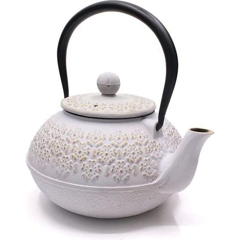 Théière en Fonte avec Infuser, 800ml Théière Induction pour Thé Noir, Bouilloire à Thé pour Les Amateurs de Thé, Blanc Fleurs (1/5)