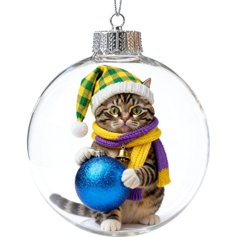 Boule à neige lumineuse transparente en acrylique, décoration de Noël à suspendre au sapin avec un adorable chat de dessin animé, cadeau idéal pour les fêtes. (1/5)