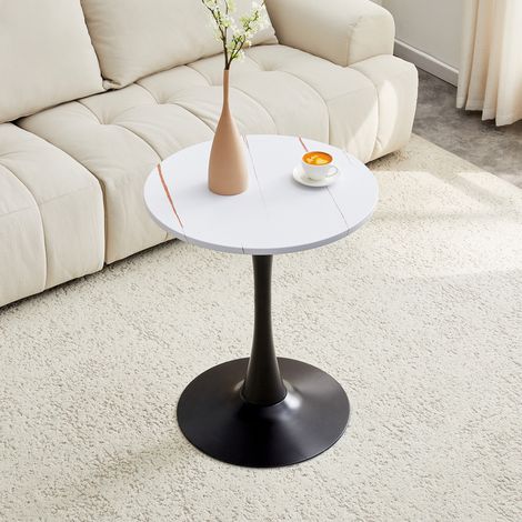Pour petits espaces, table d'appoint ronde facile à intégrer, plateau MDF blanc veinage et pied noir (1/5)