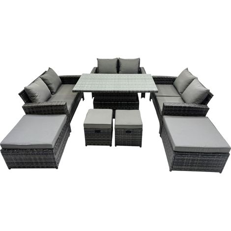 Fimous Outdoor Love Sofa Set 10 Seat Rattan Garden Furniture Set with Adjustable Lifting Dining or Coffee Table Dark Grey Mixed (1/5)