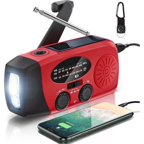 Radio de emergencia portátil con energía solar de 2000 mAh, con AM/FM, linterna eléctrica, alarma SOS y cargador para teléfono móvil. (1/5)