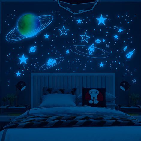 Lot de 1044 autocollants 3D réalistes phosphorescents en forme de points, d’étoiles et de lune pour décoration de mur, plafond, chambre d'enfant (1/4)