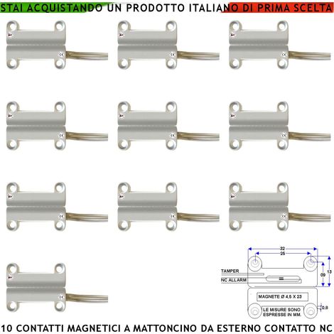 Contatto Magnetico a Mattoncino da Esterno 10 Pezzi Per Allarme Porte Infissi Contatto Reed NC Sottovuoto Sensibilità Magnetica 13 mm Tensione Max 30 V Carico Resistivo 1 A IP65 4 Fili 2 NC e 2 Tamper (1/2)