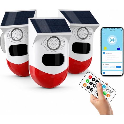 WiFi Detecteur de Mouvement, Sirene Alarme Extérieur/Intérieur Alimentation Solaire Prise en Charge, Volume 0120dB, Contrôle à Distance, Réglage Horaire, avec Télécommande, Kit de 3 détecteurs