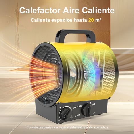 DAHTEC Calefactor industrial portátil 2000W AMARILLO - Calefactor de ventilador con asa, termostato y protección contra sobrecalentamiento - Para construcción, garaje y hogar