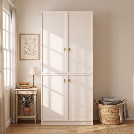 Armoire chambre 90x48x200 cm, penderie dressing à portes battantes avec porte-pantalons télescopique, en MDF, avec étagères de rangement, Blanc (1/5)