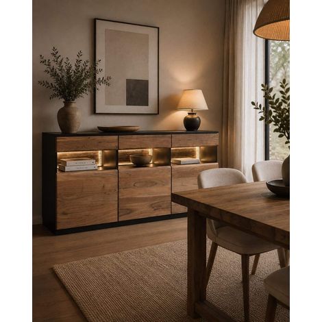 Leo - Buffet bas en bois d'acacia avec éclairage LED (1/5)