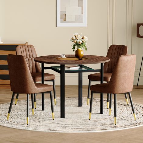 Set tavolo da pranzo rotondo 100 cm con 4 sedie in tessuto marrone, gambe in metallo nero DESVIAE (1/5)