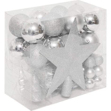 Déco de Sapin de Noël Kit 44 pièces, Boule, Guirlande et Cimier - Argent - Feeric Christmas (1/5)