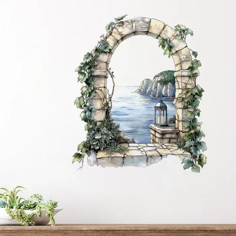 Plantes fenêtre porte autocollant mural autocollant de décoration de chambre à coucher vue mer salon (1/5)