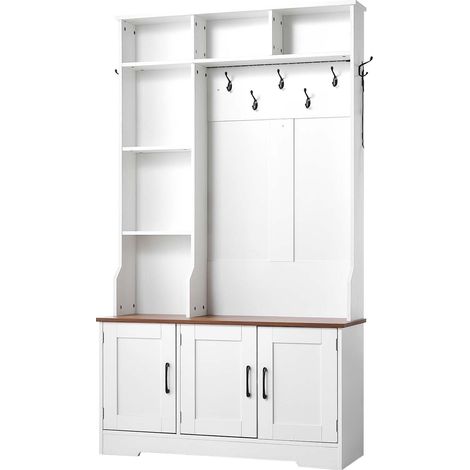 Mophorn Appendiabiti ingresso panca e vano porta scarpe bianco, armadio ingresso larghezza 1000 mm, dotato ganci, ripiani portaoggetti porta scarpe regolabili, luce LED integrata,entrata corridoio (1/5)