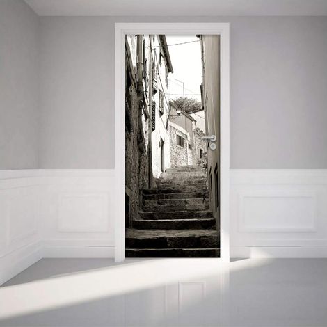 Sticker Porte effet 3D - autocollant Trompe L'œil pour Porte - Décoration pour Porte Cuisine, Salon, Chambre, Salle de Bain - Style Papier peint pour les murs - Ruelle et Lampadaire - 204 x 83 cm (1/3)
