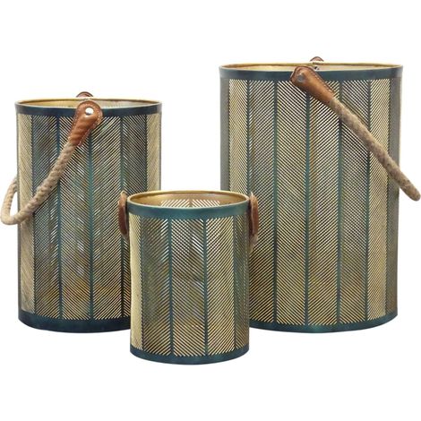 Set 3 Stahllaternen mit goldenem Innenraum und Juta Golden Light Huestone - DarkGreen