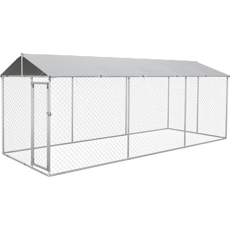 Niche extérieure pour chien, enclos de jeu avec bâche résistante à l'eau, structure en métal robuste, 6x2,3x2,3 m, teinte argent et gris, abri spacieux pour animaux. (1/5)