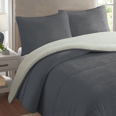 Couette polaire microfibre doublé sherpa 260x260 cm BICOLORE gris, par Soleil d'ocre