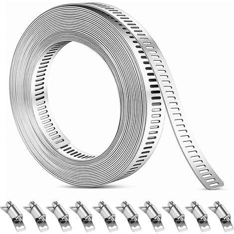 5m Collier de Serrage Inox 304 avec 10 Fixations Kit Bande Perforée en Métal Réglable pour Tuyaux Eau Gaz Machine à Laver et Jardin (1/5)