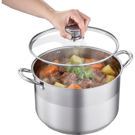 Marmite en acier inoxydable, 11,4 L, avec couvercle en verre, sans PFOA ni PFAS, compatible avec les cuisinières à gaz, à induction et électriques, pour soupes, ragoûts et pâtes. (1/5)