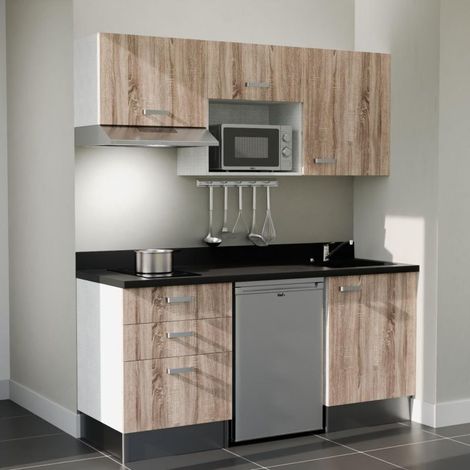 Kochnischen K20L - 180 cm - Holz - Nero - Spüle rechts + Haushaltsgeräte Edelstahl