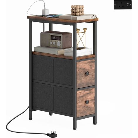 Table basse rustique en acier avec station de charge, 2 tiroirs en tissu et compartiment ouvert, dimensions 20x40x63 cm (1/5)