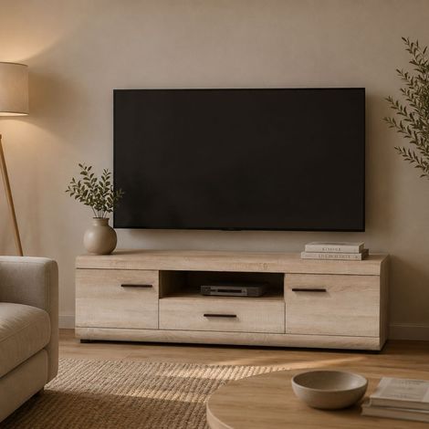 Mueble para TV Kalepa, un cajón, 2 estantes, 2 puertas, 140x54x44h cm Roble Marrón (1/3)