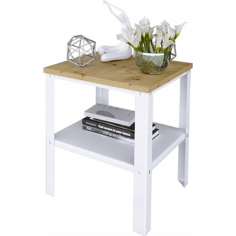 Tavolo avvitabile con ripiano, stile loft industriale, per soggiorno, 40x40x45 cm, bianco + rovere artigianale. (1/4)
