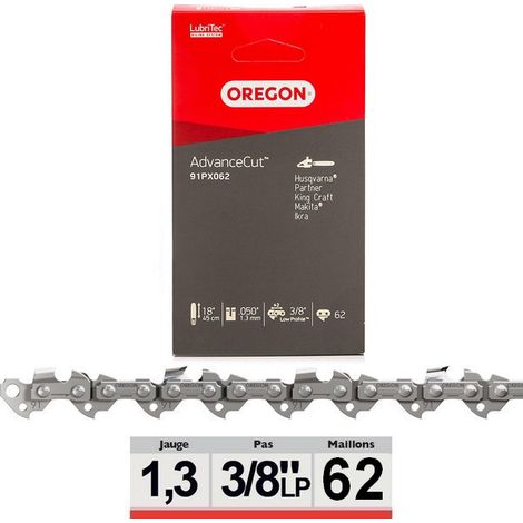 Oregon – Chaine tronçonneuse 45 cm – Pas 3/8 low pro – Jauge 1.3 mm – 62 dents pour coupe précise et faible vibration