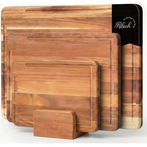 Planche à Découper Set 3 Pièces en Acacia Massif avec Support 40x30cm 33x24cm 26x18cm Planches Épaisses 2cm avec Rainure à Jus (1/5)