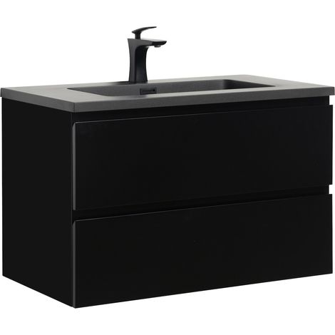Badplaats Set Mobili Bagno Angela 80 cm - Nero Opaco - Mobile con Lavabo Nero