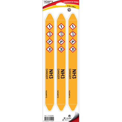 Planche de 3 marqueurs de tuyauterie 355 x 37 mm pour Ø 50 à 70 mm - NH3 - 4711201