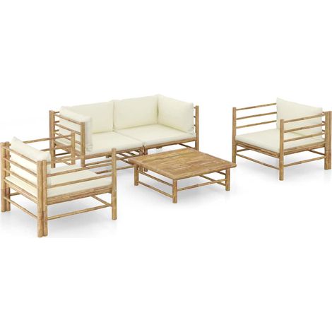 Set de muebles de jardín 5 piezas bambú y cojines blanco crema vidaXL (1/5)