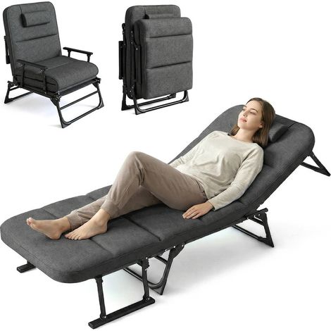 Lit pliant 3-en-1 réglable 6 positions – Avec coussin et oreiller, chaise longue portable et canapé-lit