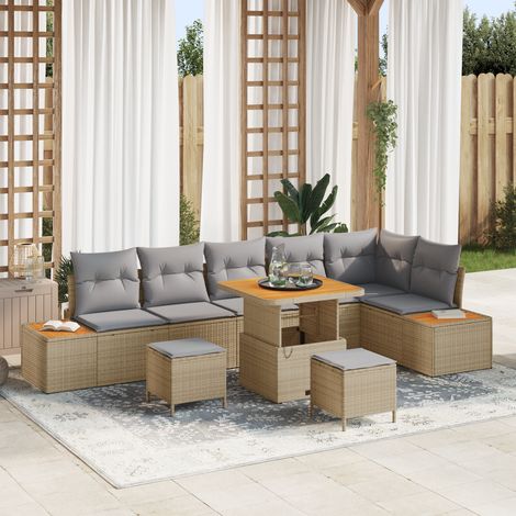 vidaXL Conjunto de sofás de jardín con cojín 9 pcs Beige Poliratán (1/5)