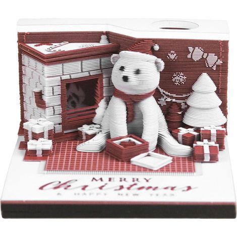 Note En Papier 3D - Scène Arbre De Noël Ours Boîte Cadeau - Veilleuse Intégrée - Décoration Bureau Salon - 175 Couches - 8 x 8 x 4,8 cm (1/2)