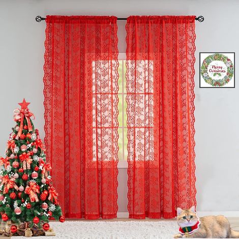 Rideaux en Dentelle Rouge de 213 cm de Long – Décorations de Noël Transparentes Vintage pour fenêtre de Maison, Cadeau de Noël, décoration de fête, arrière-Plan, Porte de terrasse (1/5)