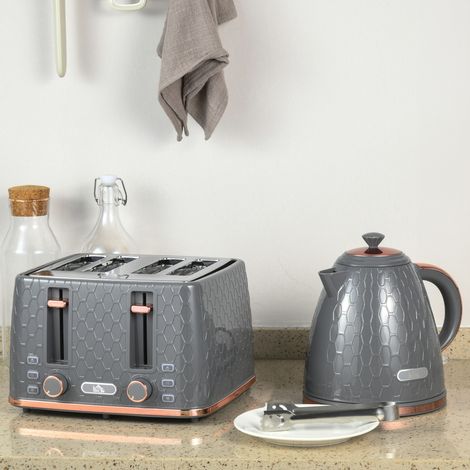 Juego de cocina 2 en 1, tostadora y hervidor, múltiples opciones, 1,7 L, tuesta 4 rebanadas a la vez, plástico, gris (1/5)