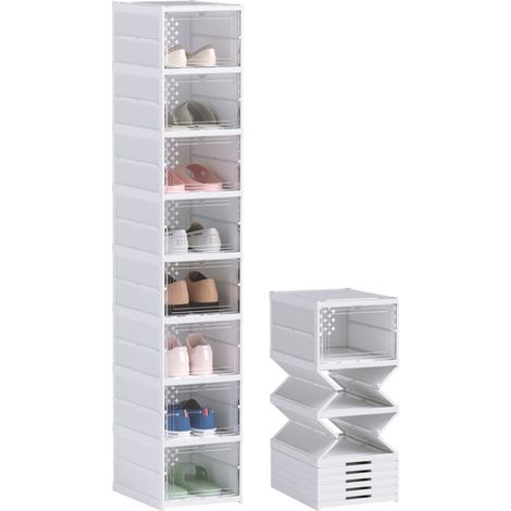 Lot de 8 boîtes à chaussures pliables en plastique empilables avec couvercles. pour pointure jusqu'à 43. blanc