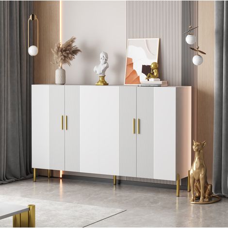 Credenza 160x36,5x100 cm in truciolare bianco, 4 ante salvaspazio – MEUBLIV (1/5)