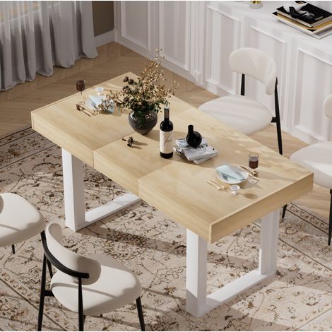 Mesa de comedor extensible 120-160 x 75 x 75 cm de madera natural y blanca -FLORAGRACE (1/5)