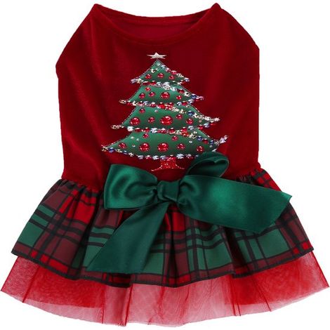 Robe de Noël pour chien taille L, robe festive avec imprimé sapin de Noël, jupe à carreaux et nœud vert, vêtements de Noël pour chiens de taille moyenne (1/2)