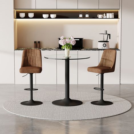 Set tavolo bar rotondo 89x92 cm, piano in vetro, base in metallo, 2 sgabelli girevoli, marrone nero trasparente (1/5)